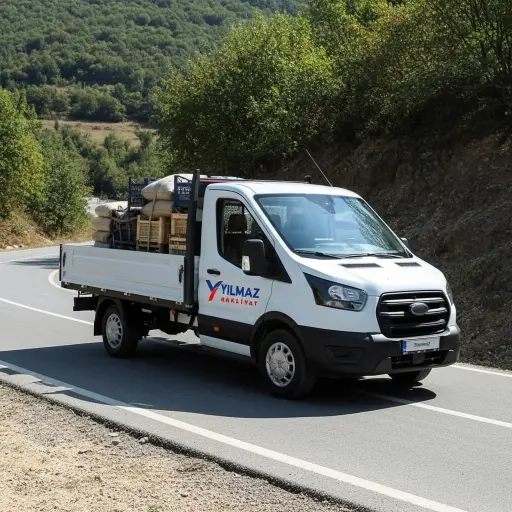 Yılmaz Nakliyat Yılmaz Nakliyat'a ait yüklü beyaz Ford Transit kamyonet, yeşil kırsal yolda ilerliyor.