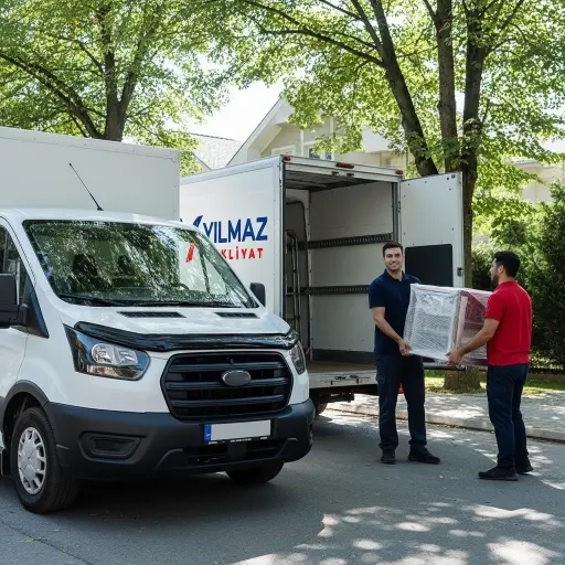 Profesyonel evden eve nakliyat elemanları, beyaz Yılmaz Nakliyat kamyonetine dikkatlice eşya yüklüyor.