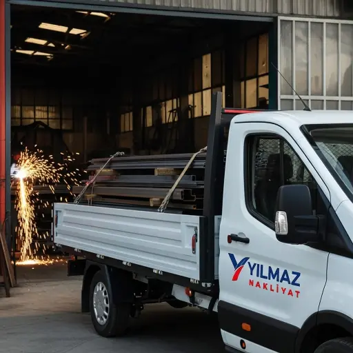 Yılmaz Nakliyat kamyoneti, metal profiller ve ağır yükler taşıyarak profesyonel taşımacılık hizmetlerini temsil ediyor.