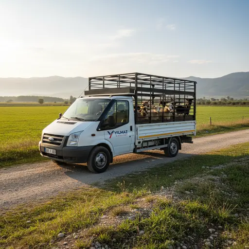 Yılmaz Nakliyat logosu taşıyan kamyonet ile kırsal alanda canlı hayvan (koyun) nakliyesi.