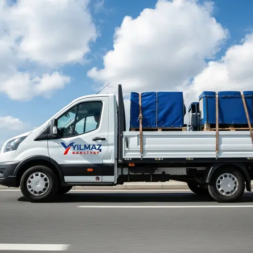 Yılmaz Nakliyat logosu taşıyan, paletli yüklerle dolu beyaz nakliye aracı otoyolda hızla ilerliyor.